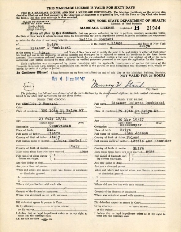 Eleanor Dembinski and Emilio Bonzani Marriage License