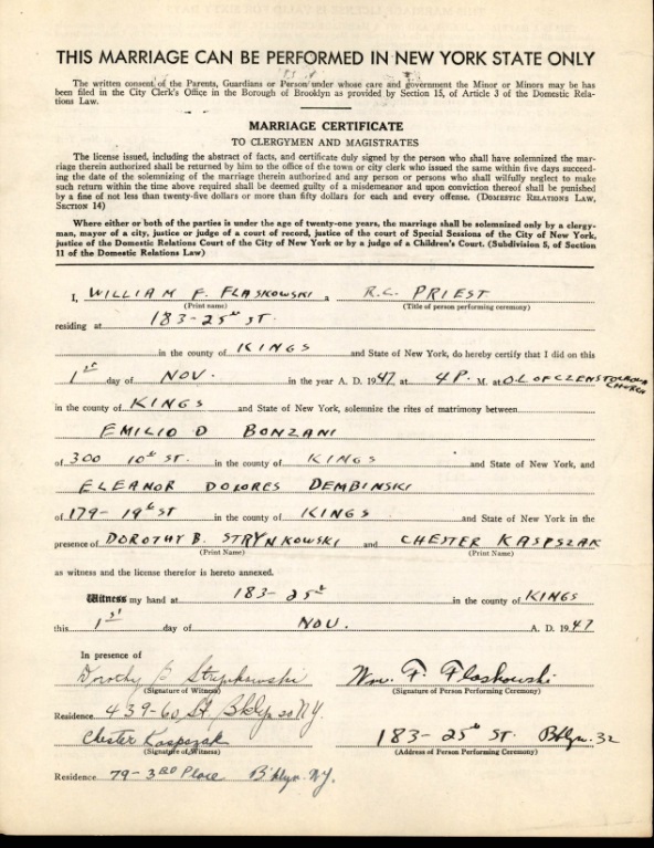 Eleanor Dembinski and Emilio Bonzani Marriage License