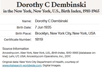 Dorothy Dembinsk Birth Index