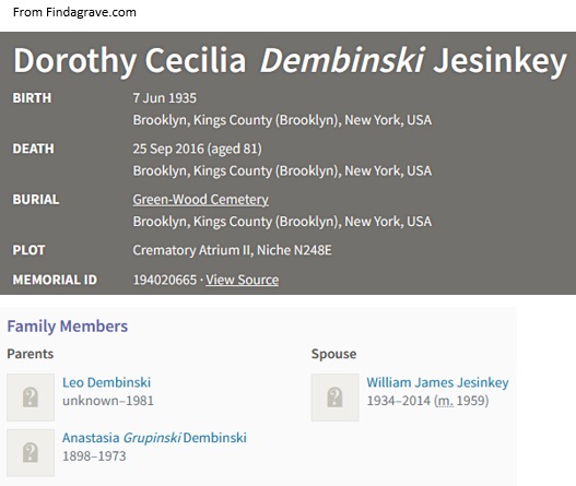 Dorothy Dembinsk Cemetery Record