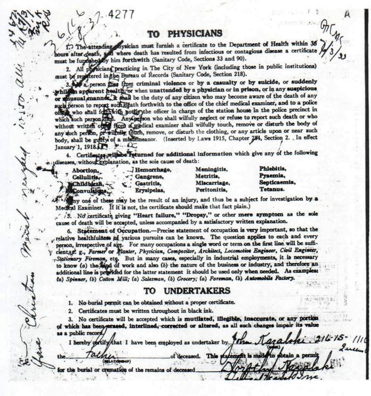 Dorothy Kazalski's Certificate of Death