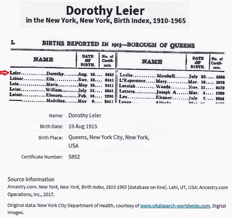 Dorothy Leier's Birth Index