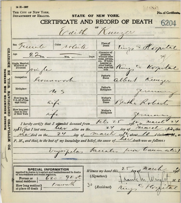 Ada (Edith) Kuntze's Certificate and Record of Death