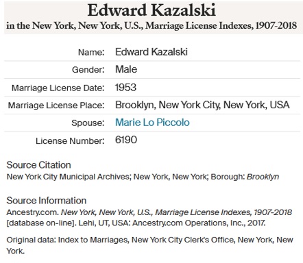 Edward Kazalski and Marie Lo Piccolo Marriage