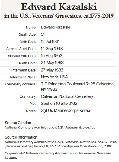 Edward Kazalski Military Service Record