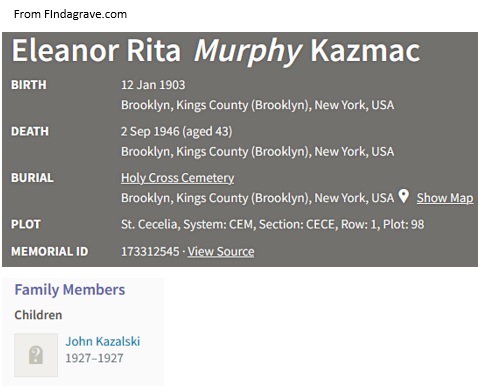 Eleanor Murphy Kazalski Cemetery Record