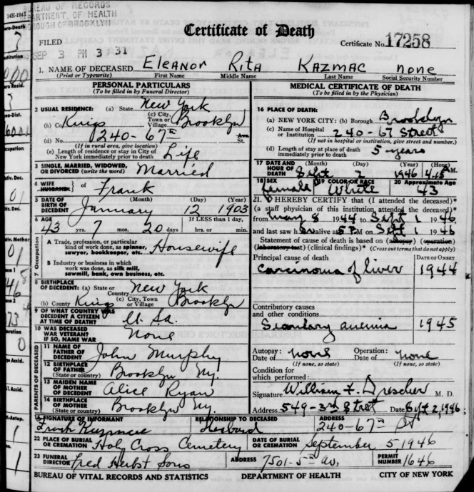 Eleanor Murphy Kazalski Certificate of Death