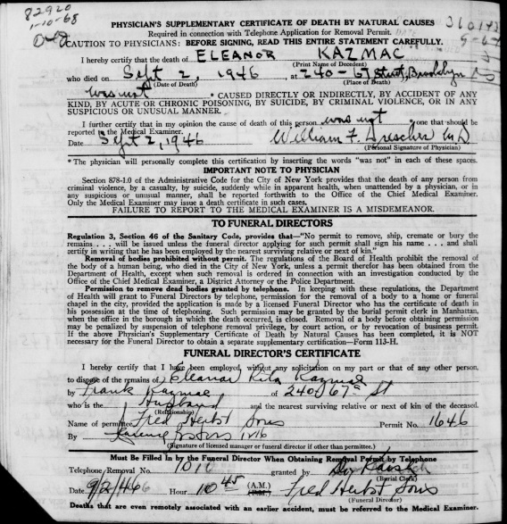 Eleanor Murphy Kazalski Certificate of Death