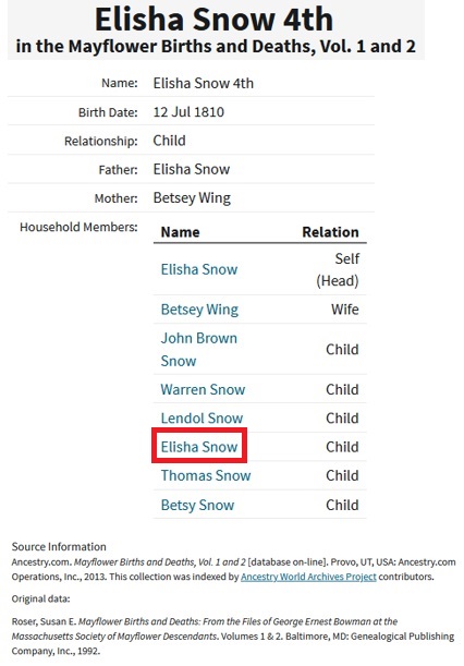 Elisha Snow Birth Record