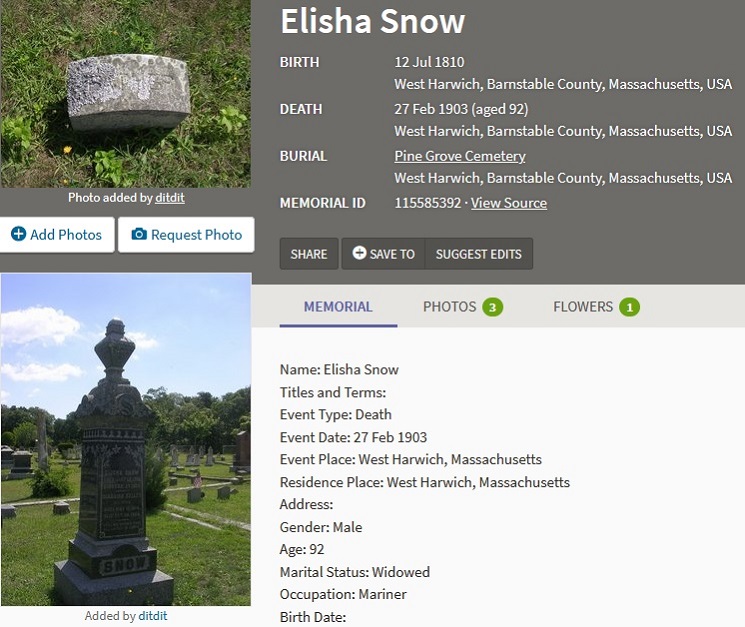 Elisha Snow Cemetery Record