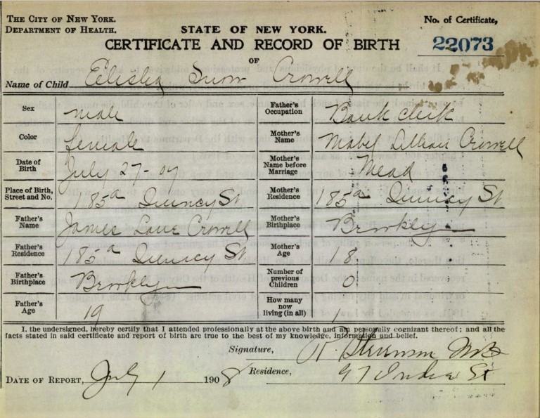 Elisha Snow Crowell's's Birth Certificate