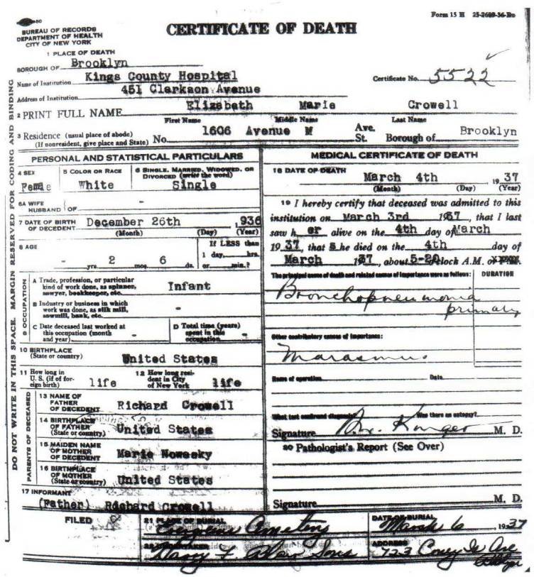 Elizabeth Marie Crowell's Certificate of Death