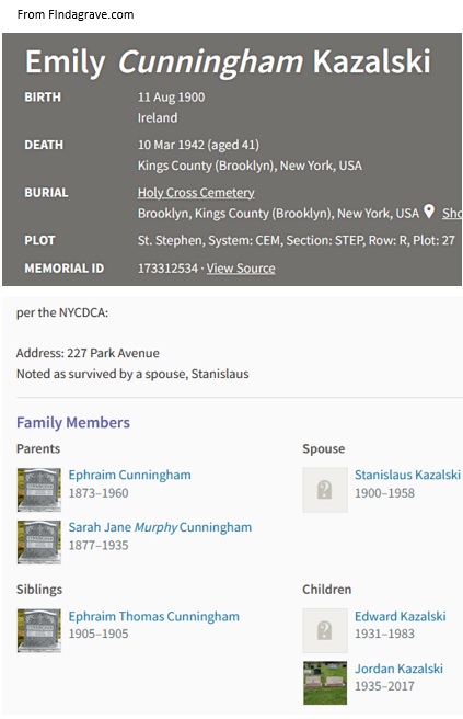 Emily Agatha Cunningham Kazalski Death Record