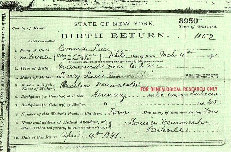 Emma Leier's Birth Certificate