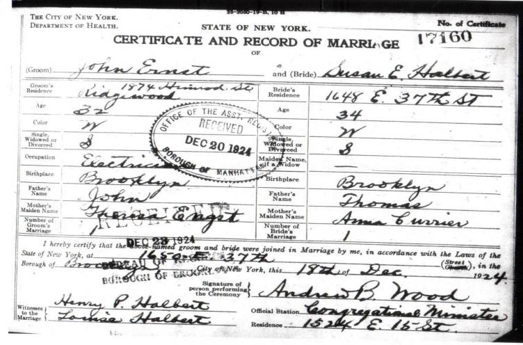 Certificate and Record of Marriage for John Ernst and Susan Halbert