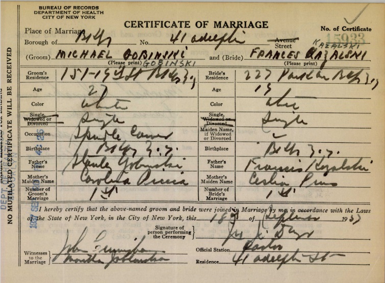 Frances Kazalski and Michael Golinski Marriage Certificate