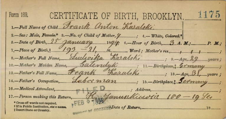 Frank Kazalski Birth Certificate