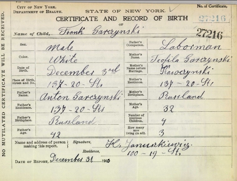 Frank Garczynski Birth Certificate