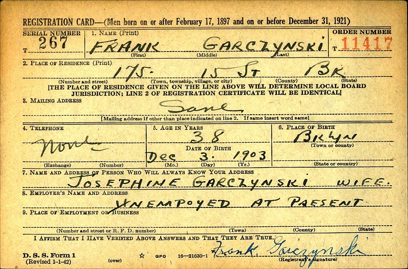 Frank Garczynski World War II Draft Registration