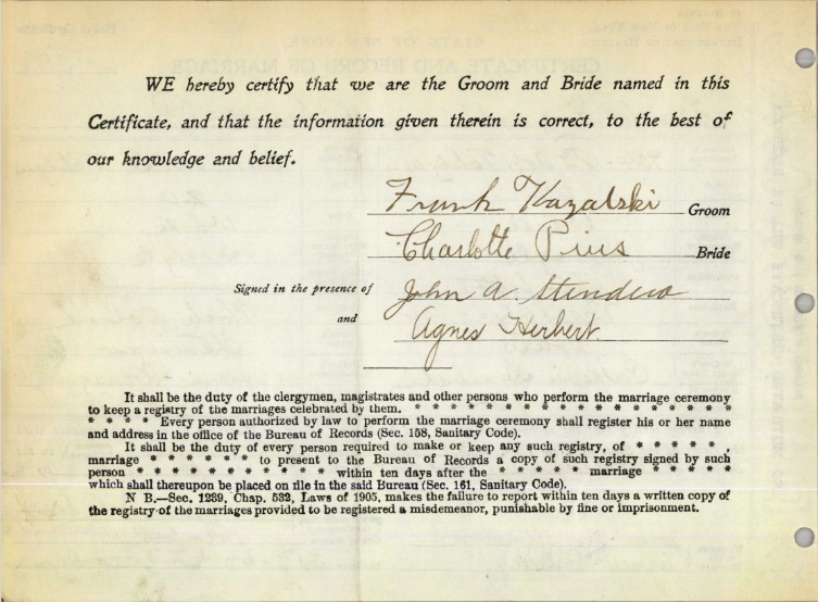 Francis Kazalski and Charlotte Pius Marriage Certificate