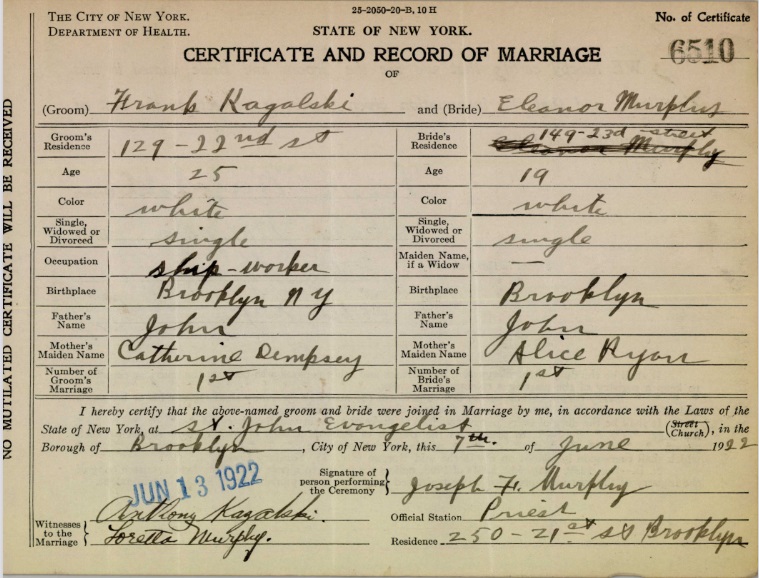Francis Kazalski and Eleanor Murphy Marriage Certificate