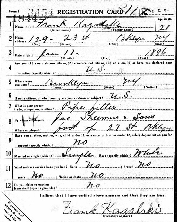 Frank Kazalski World War I Draft Registration