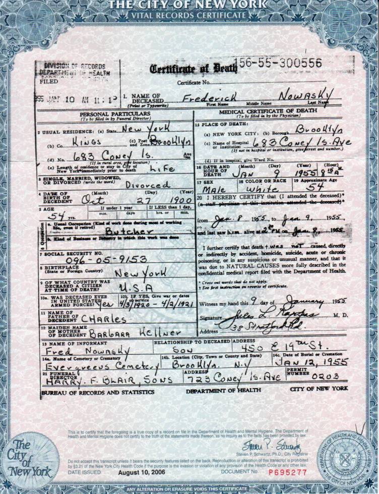 Frederick Nowasky's Certificate of Death