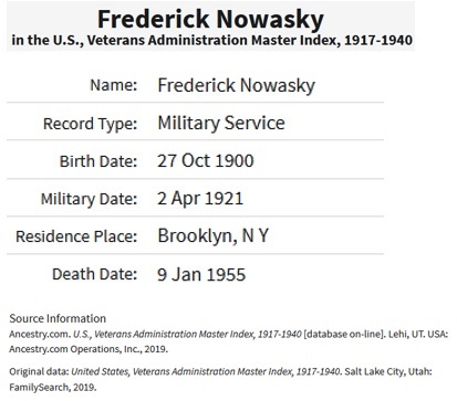Frederick Nowasky's Military Service Record 1920-1921