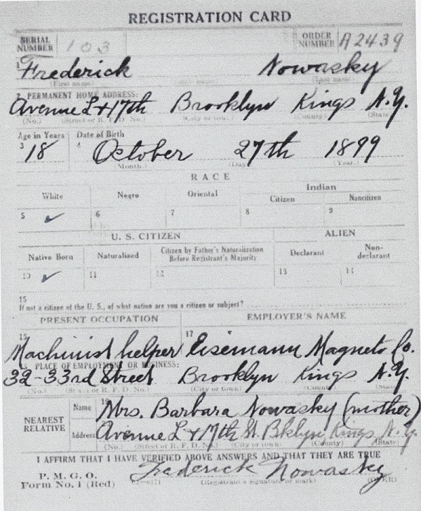 Frederick Nowasky's World War I Draft Registration Card
