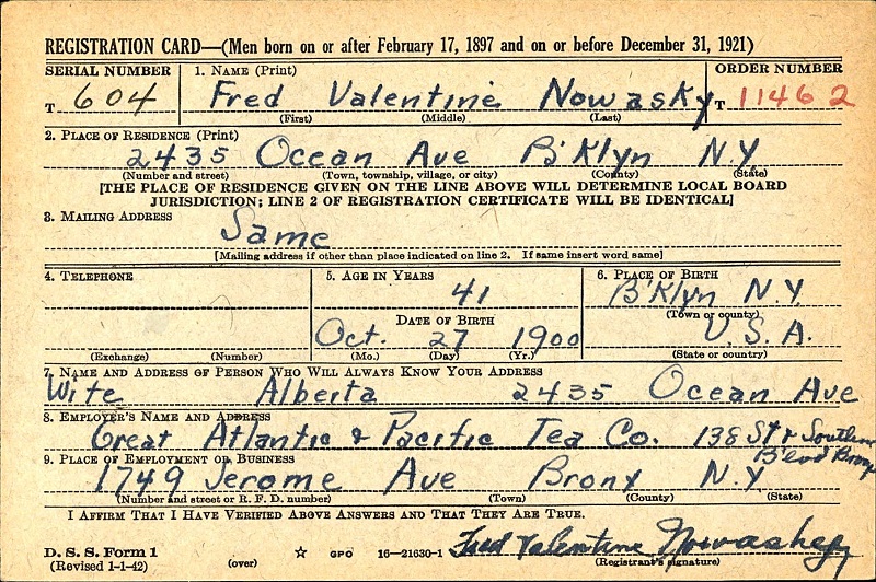 Frederick Nowasky's World War II Draft Registration Card