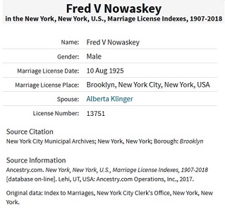 Frederick Nowasky and Alberta Klingler Marriage