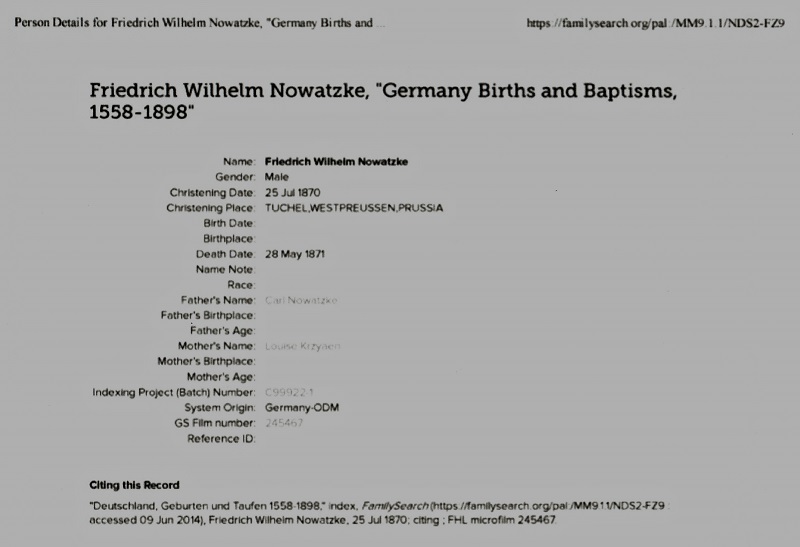 Friedrich Nowasky's Birth Record 1