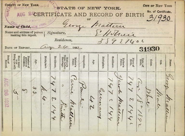 George Mattern Birth Certificate