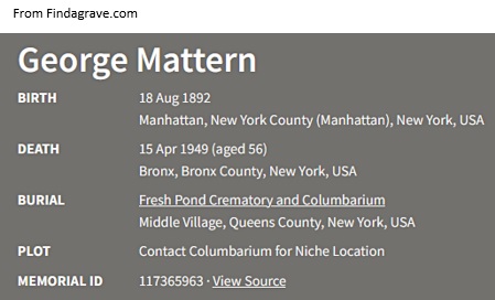 George Mattern Cemetery Record