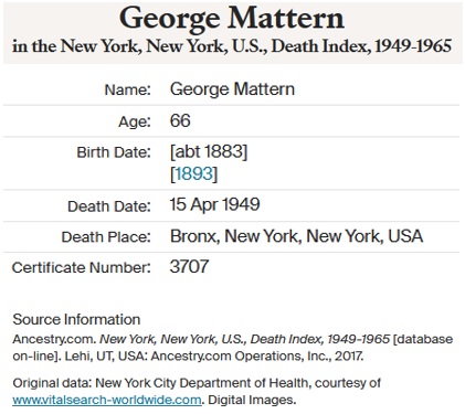 George Mattern Death Index
