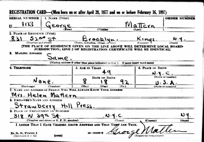 George Mattern WW2 Draft Registration
