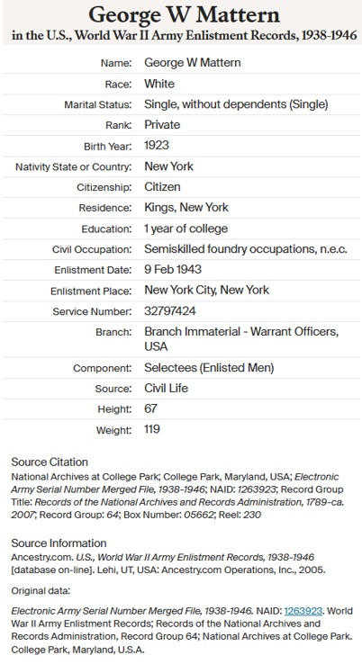 George Wade Mattern Military Service Record