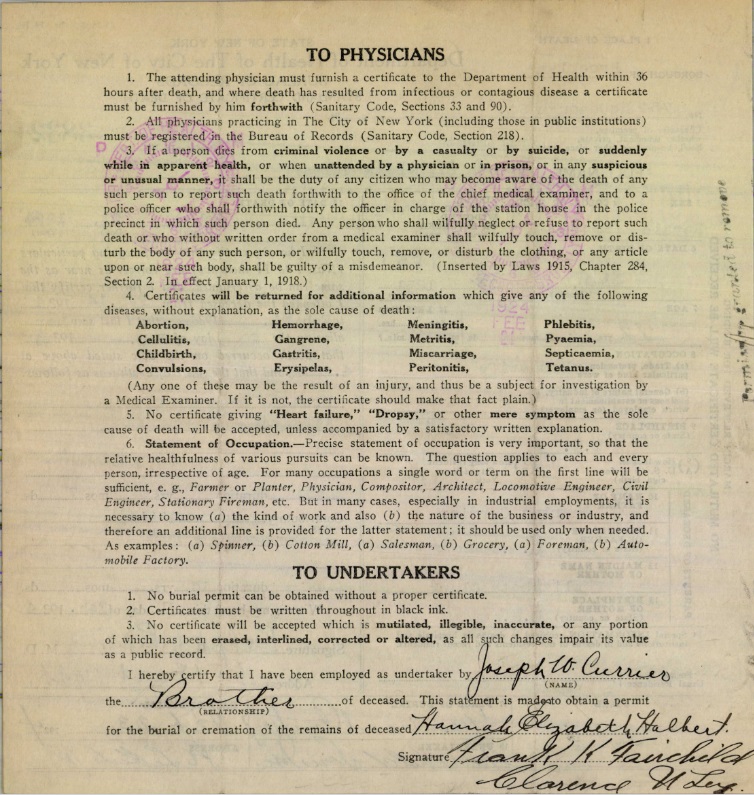 Hannah Currier Halbert's Certificate of Death