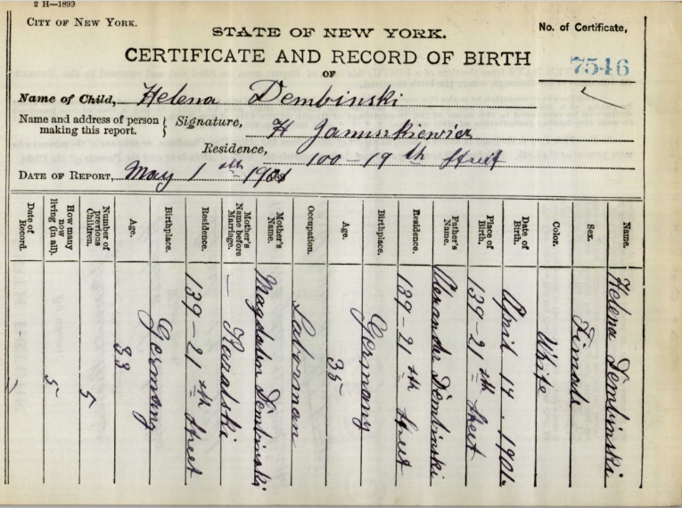 Helen Dembinski Birth Certificate