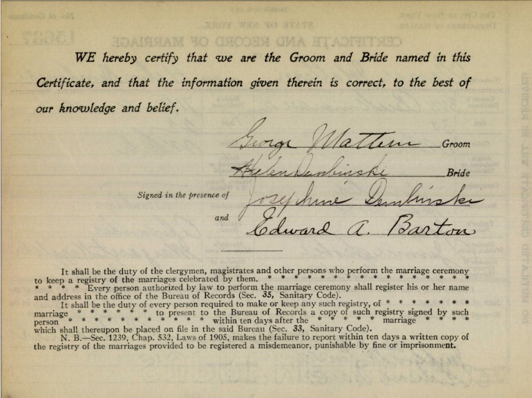 Helen Dembinski and George Mattern Marriage Certificate