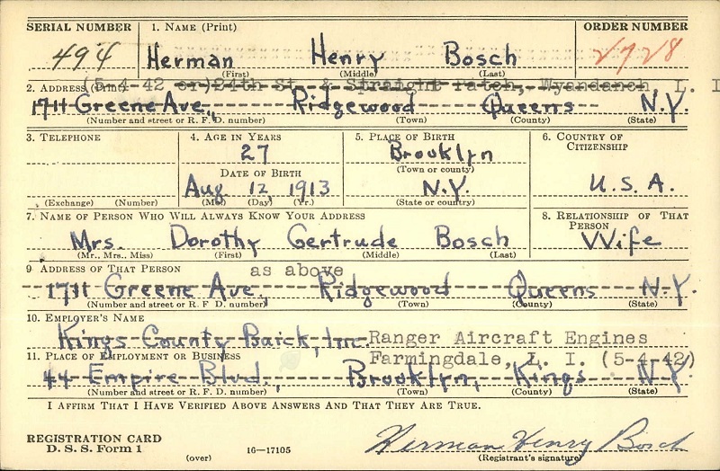 Herman Bosch WW2 Draft Registration
