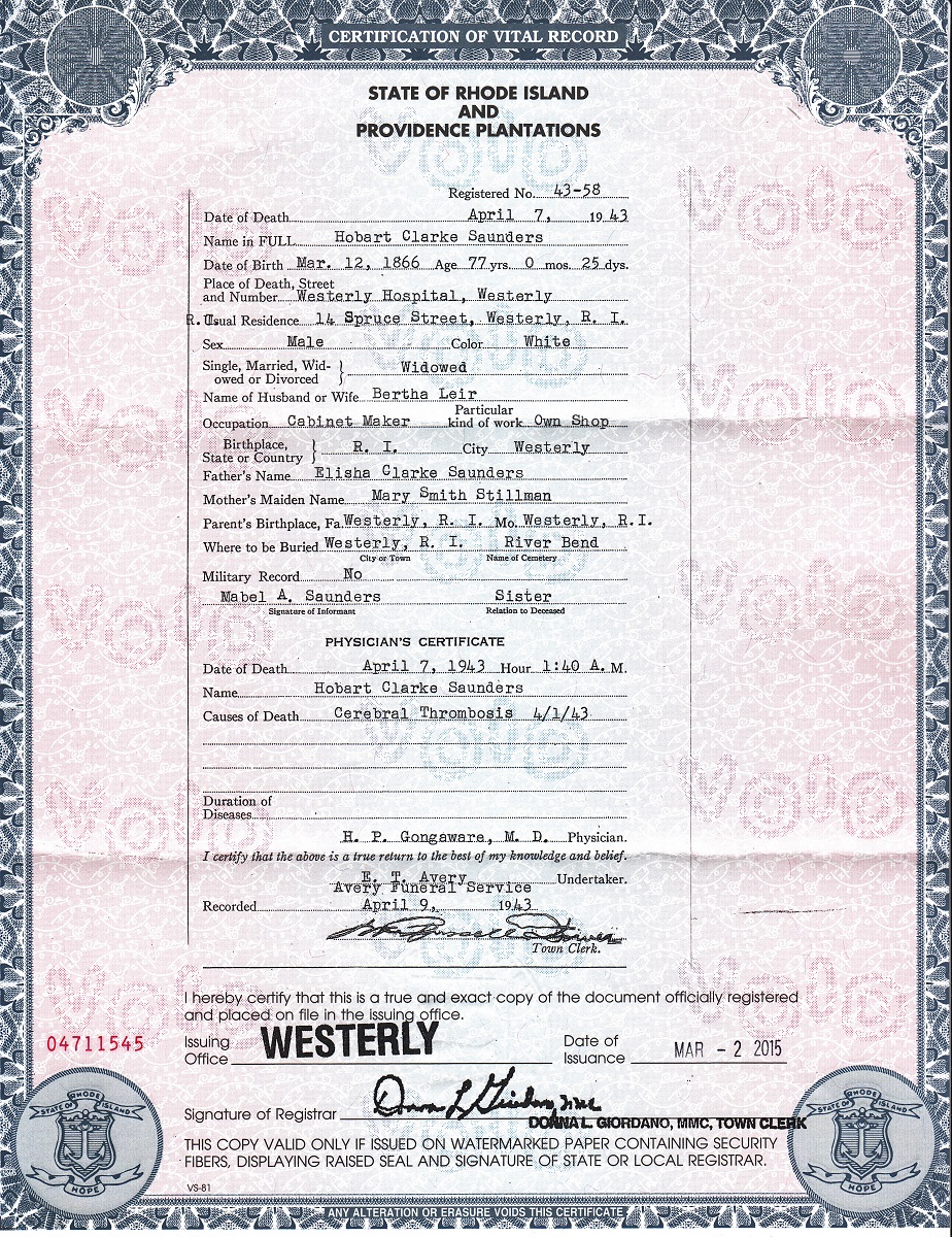Herbert Clarke Saunder's Certificate of Death