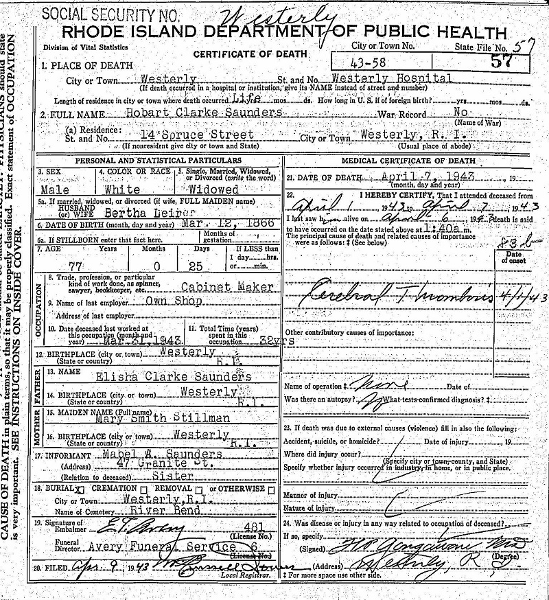 Herbert Clarke Saunder's Certificate of Death