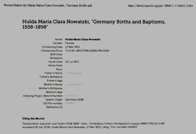 Hulda Nowasky's Birth and Death Record 2
