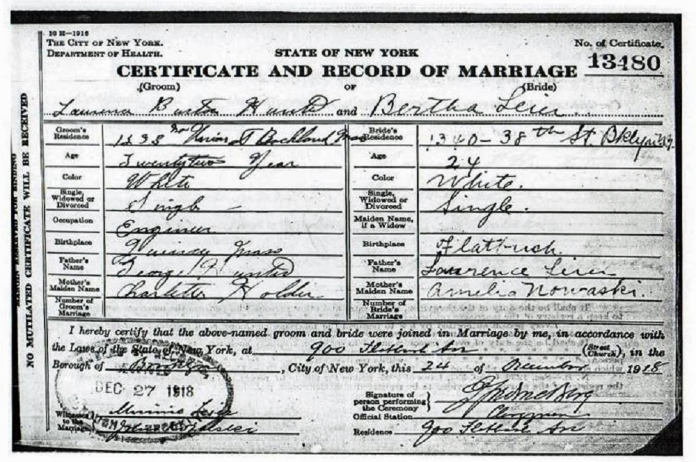 Certificate and Record of Marriage for Laurence Hunter and Bertha Leier