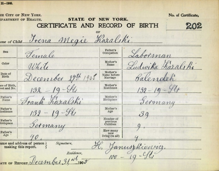 Irene Kazalski Birth Certificate