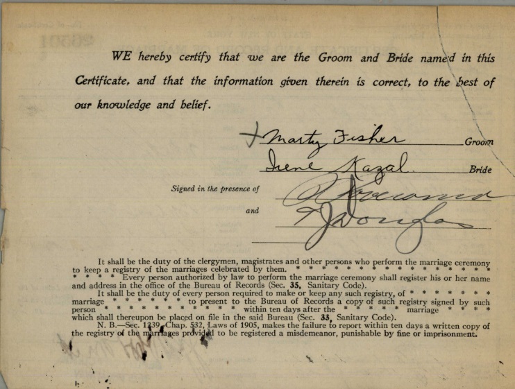Irene Kazalski and Martin Fisher Marriage Certificate