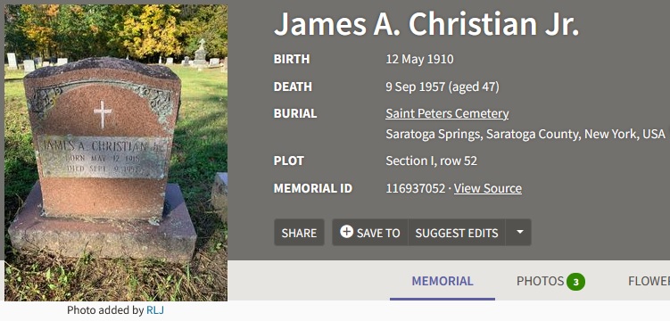 James Adam Christian Jr. Cemetery Record