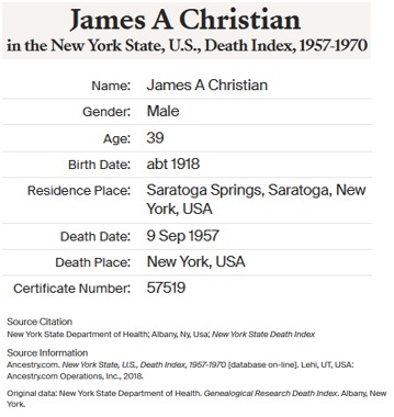 James Adam Christian Jr. Death Index