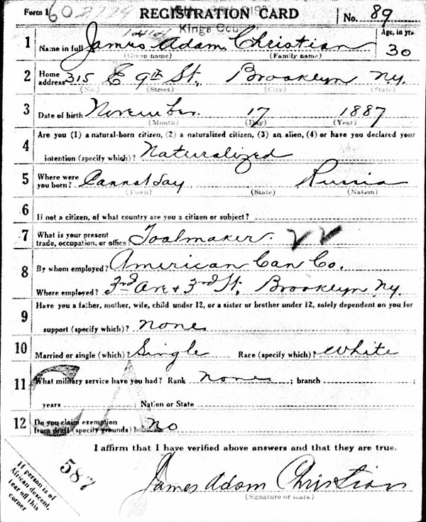 James A. Christian Sr. World War I Draft Registration Card